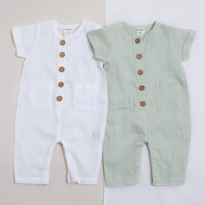 Pure linen Baby Jumpsuit Short Sleeve White - Shell Collection