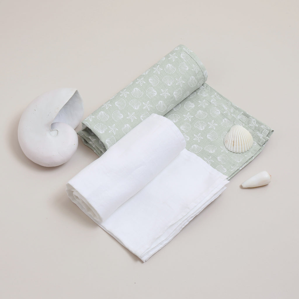 Pure linen Baby Blanket  Sea Foam & White - Shell Collection