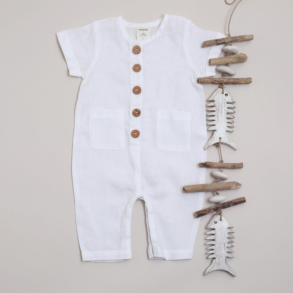 Pure linen Baby Jumpsuit Short Sleeve White - Shell Collection